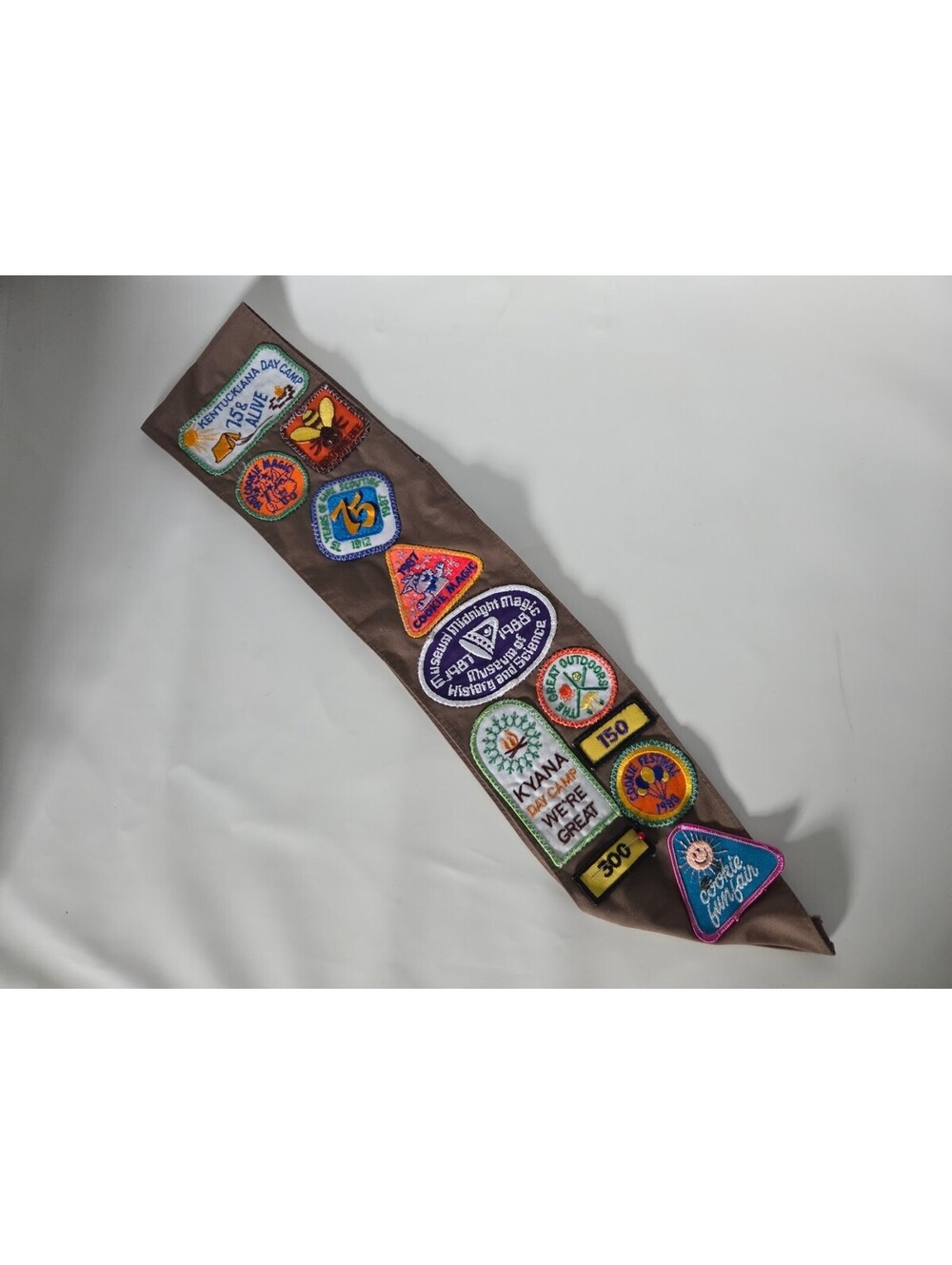 Vintage Girl Scouts USA Brown Sash with Troop 1485 Numbers and Award Badges